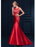 Beaded Red Lace Satin Keyhole Back Fantastic Evening Dress 